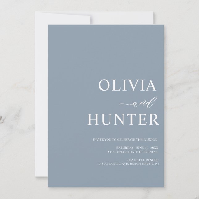 Elegant Modern Calligraphy Dusty Blue Bröllop Inbjudningar (Framsida)