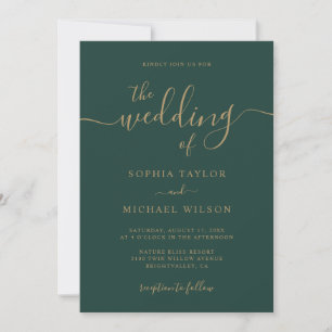 Elegant Modern Calligraphy Emerald & Guld Bröllop Inbjudningar