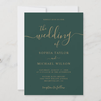 Elegant Modern Calligraphy Emerald & Guld Bröllop Inbjudningar