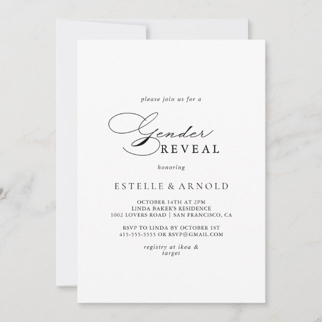 Elegant Modern Calligraphy Gender Reveal Party Inbjudningar (Framsida)