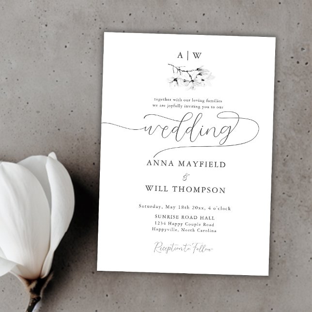 Elegant Modern Calligraphy Magnolia Vapensköld Brö Inbjudningar (Classic Magnolia Wedding Crest Black White Elegant Invitation)