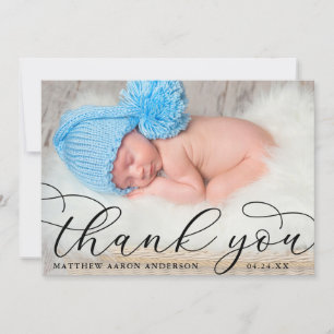 Elegant Modern Calligraphy Nyfödd bebis Photo B Tack Kort