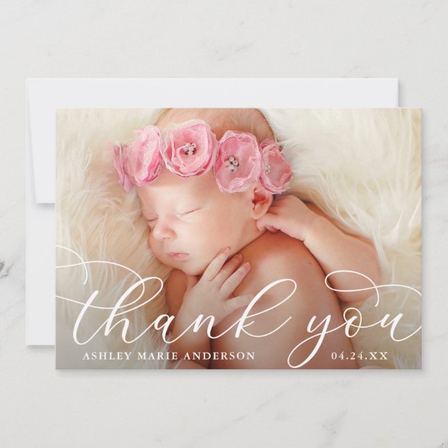 Elegant Modern Calligraphy Nyfödd bebis Photo Tack Kort (Framsida)