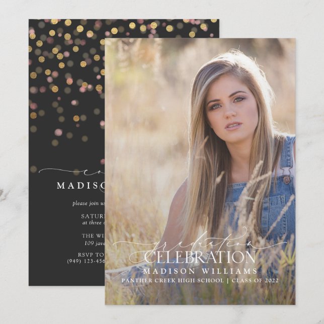 Elegant Modern Calligraphy Photo Studenten Inbjudningar (Fram/baksida)