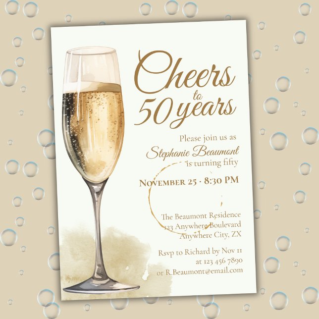 Elegant Modern Champagne Cheers 50th Birthday Inbjudningar (Skapare uppladdad)