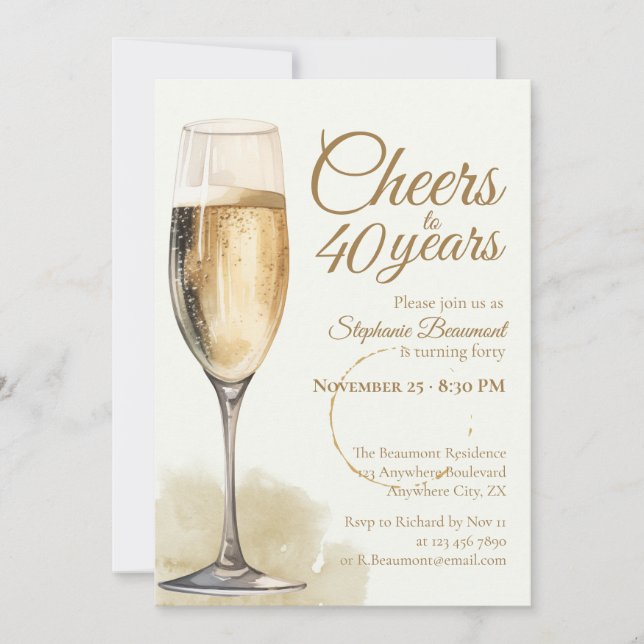 Elegant Modern Champagne Skål 40-årsdag Inbjudningar (Framsida)