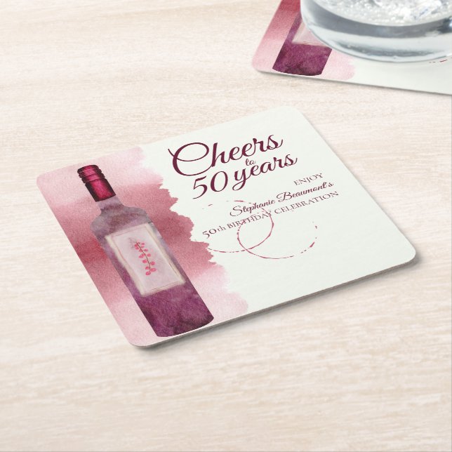 Elegant Modern Cheers Red Vin 50:e Födelsedagsfest Underlägg Papper Kvadrat (Vinklad)