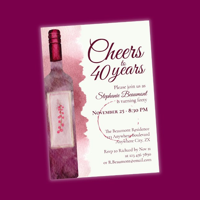 Elegant Modern Cheers Red Wine 40th Birthday Party Inbjudningar (Skapare uppladdad)