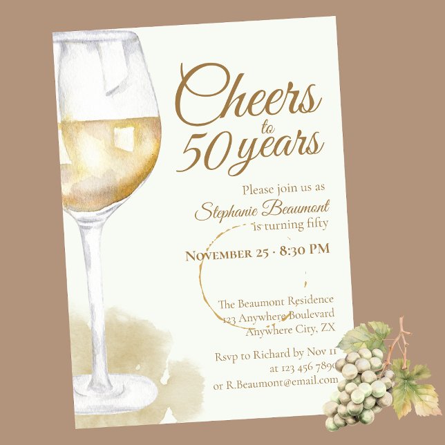 Elegant Modern Cheers White Vin 50:e födelsedagen Inbjudningar (Skapare uppladdad)