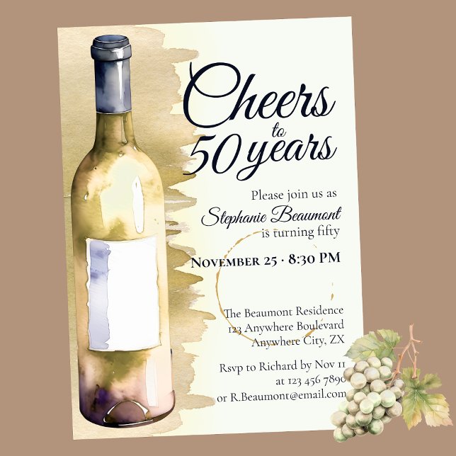 Elegant Modern Cheers White Vin 50:e födelsedagen Inbjudningar (Skapare uppladdad)