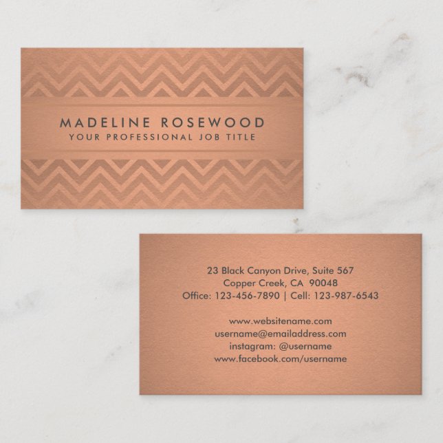 Elegant Modern Chevron Mönster Copper Faux Foil Visitkort (Fram/baksida)
