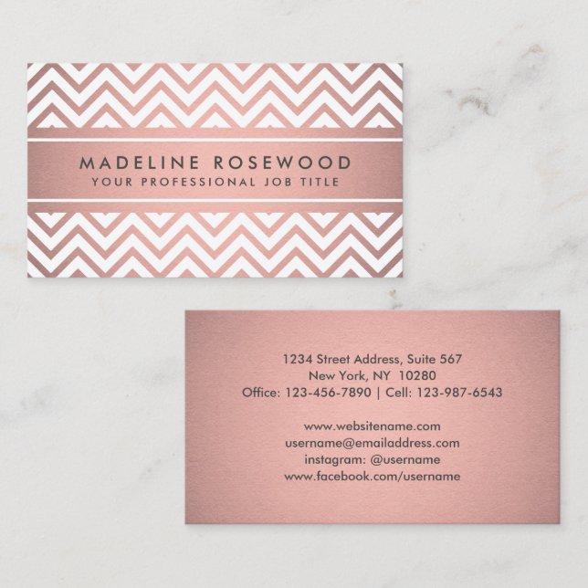 Elegant Modern Chevron Rosa ros Guld Faux Foil Visitkort (Fram/baksida)