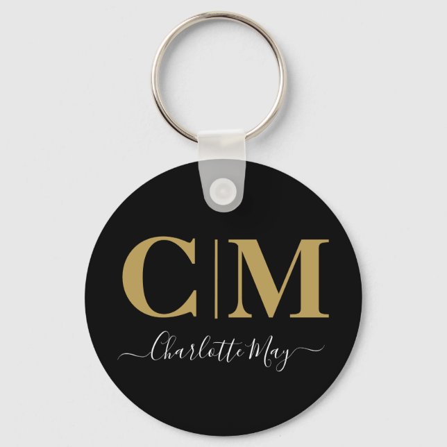 Elegant Modern Chic Black Guld Business Monogram Nyckelring (Framsida)