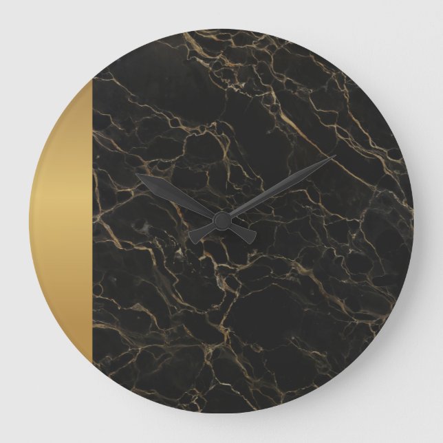 Elegant Modern Chic Black Guld Marble Mönster Stor Klocka (Framsida)