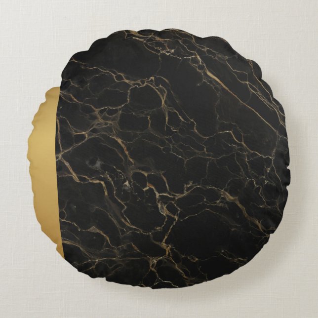 Elegant Modern Chic Black och Guld Marble Mönster Rund Kudde (Framsidan)