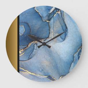 Elegant Modern Chic Blue Guld Marble Mönster Stor Klocka