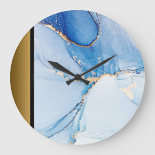 Elegant Modern Chic Blue Guld Marble Mönster Stor Klocka