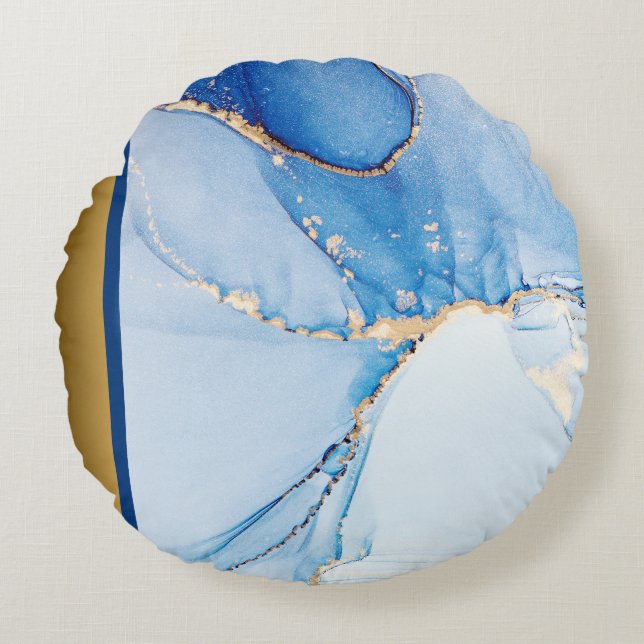 Elegant Modern Chic Blue och Guld Marble Mönster Rund Kudde (Framsidan)