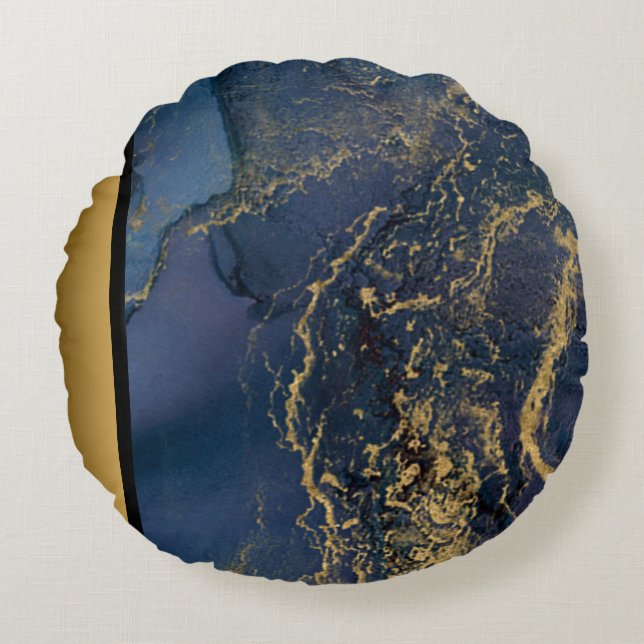 Elegant Modern Chic Navy Blue Guld Marble Mönster Rund Kudde (Framsidan)