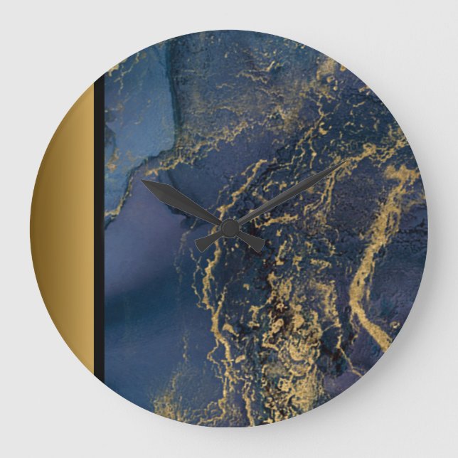 Elegant Modern Chic Navy Blue Guld Marble Mönster Stor Klocka (Framsida)