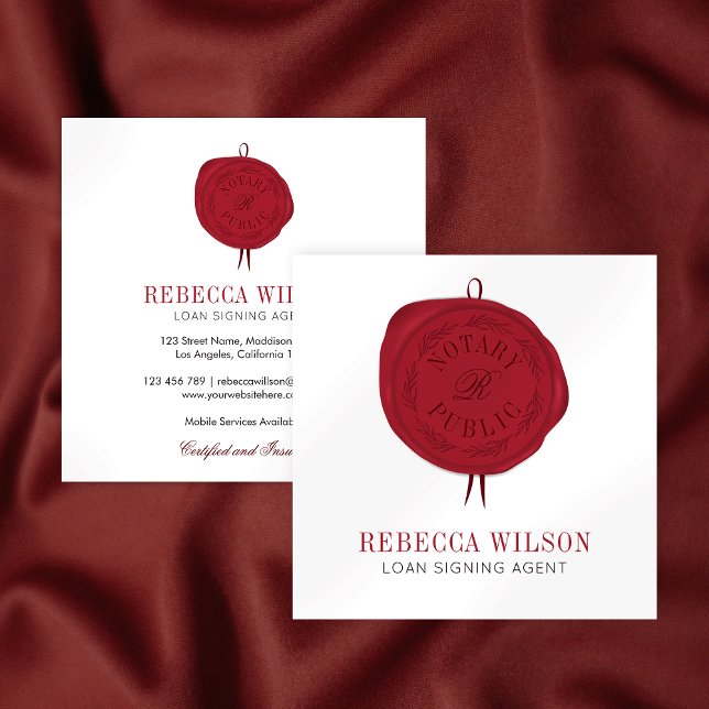 Elegant Modern Chic Red Vax Frimärke Namnteckning  Fyrkantigt Visitkort (Elegant loan signing agent business cards with red wax stamp effect and modern typography)