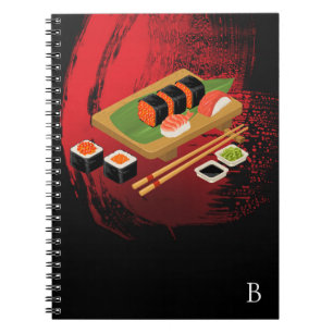 Elegant modern chic svart och röd sushi anteckningsbok med spiral