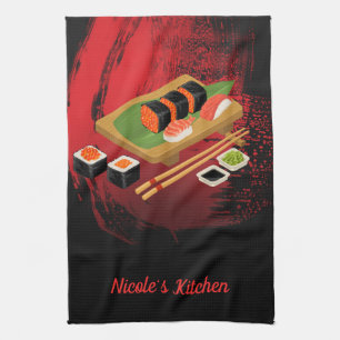 Elegant modern chic svart och röd sushi kökshandduk