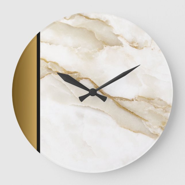 Elegant Modern Chic Vita Guld Marble Mönster Stor Klocka (Framsida)