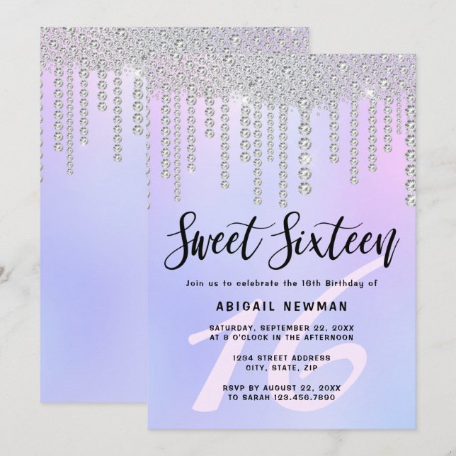 Elegant modern chick diamantdroppar sweet sixteen inbjudningar (Fram/baksida)