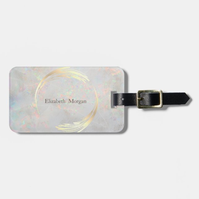 Elegant modern cirkel guld, vit opal bagagebricka (Horisontell Framsida)