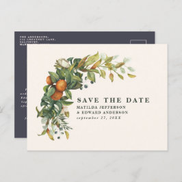 Elegant modern citrusbröllop med modern botanik meddelande vykort