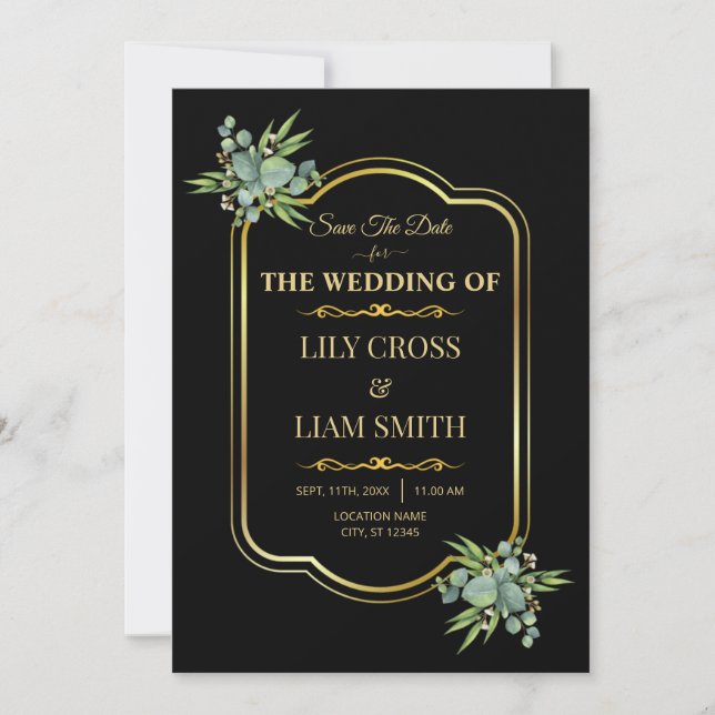 Elegant Modern Classic Black and Guld Bröllop Spara Datumet (Framsida)