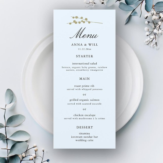 Elegant Modern Classic Ice Blue Winter Wedding Meny (ice blue winter wedding menu gold botanical elegant modern classic simple romantic classy feminine)