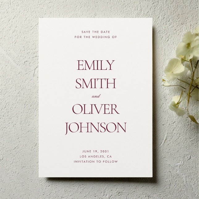 Elegant Modern Clean Burgundy Red Wedding Spara Datumet (Minimalist burgundy red wedding save the date card with modern serif typography)