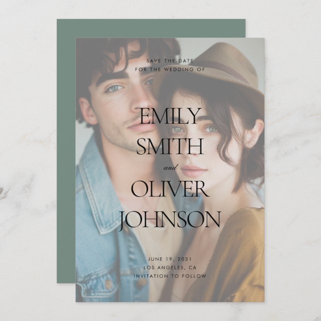 Elegant Modern Clean Sage Fullt Photo Bröllop Spara Datumet (Fram/baksida)