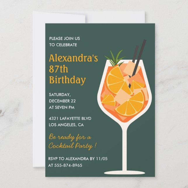 Elegant modern cocktail 87-års födelsedagsinbjudan inbjudningar (Framsida)