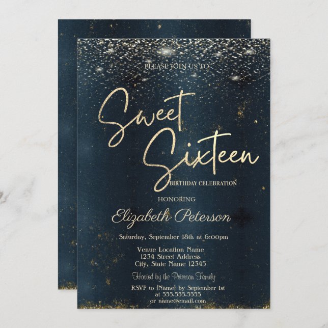 Elegant Modern Confetti Mörk blått Sweet 16 Inbjudningar (Fram/baksida)