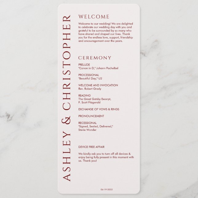 Elegant Modern Crimson Red Bröllop Program (Framsida)