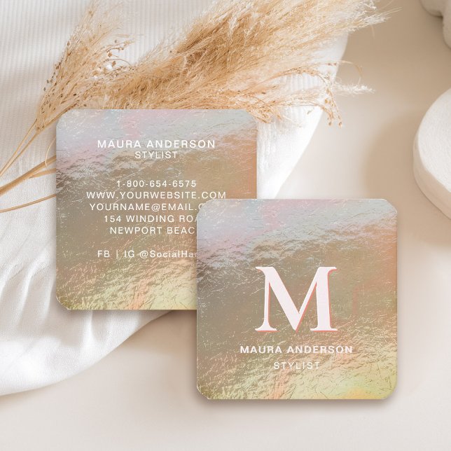 Elegant Modern Cruzed Faux Guld Rosa Monogram Fyrkantigt Visitkort (holographic business card square crushed gold monogram hairdresser stylist artist lash nails makeup)