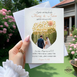 Elegant Modern Dahlias Golden Script Wedding Photo Inbjudningar