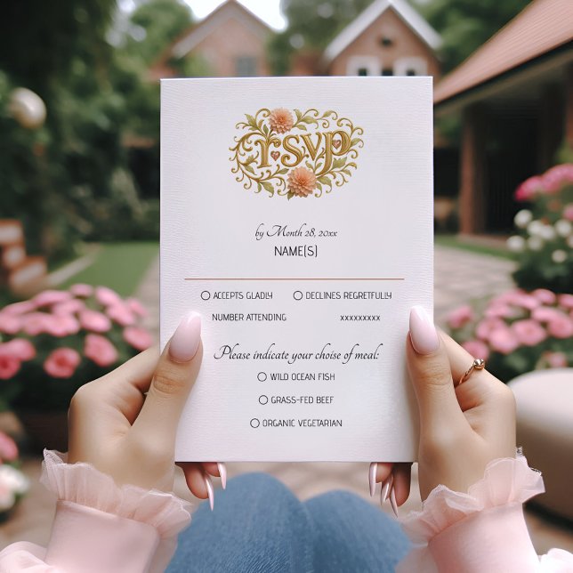 Elegant Modern Dahlias Golden Script Wedding Photo OSA Kort (Skapare uppladdad)