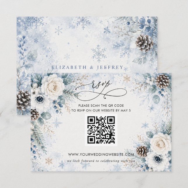 Elegant Modern Dammig Blå Blommig Vinter QR KOD OSA Kort (Fram/baksida)