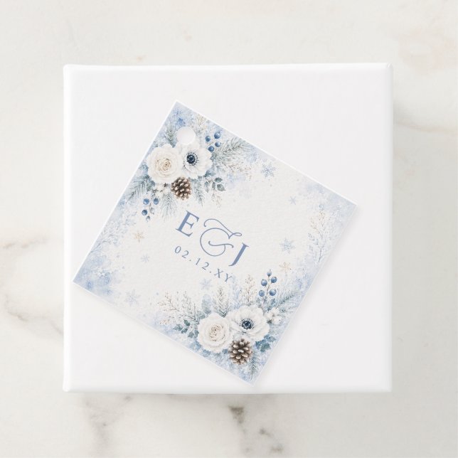 Elegant Modern Dammig Blå Blommig Vinterbröllop  Gåvor Etiketter (På plats)