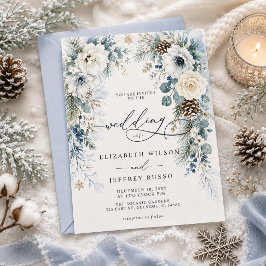 Elegant Modern Dammig Blå Blommig Vinterbröllop Inbjudningar