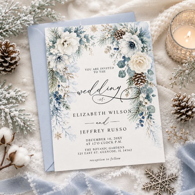 Elegant Modern Dammig Blå Blommig Vinterbröllop Inbjudningar (Elegant Modern Dusty Blue Floral Winter Wedding Invitation)