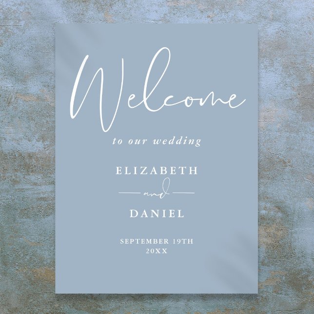 Elegant modern dammig blå bröllopsväggskylt poster (Elegant Modern Dusty Blue Wedding Welcome Sign)