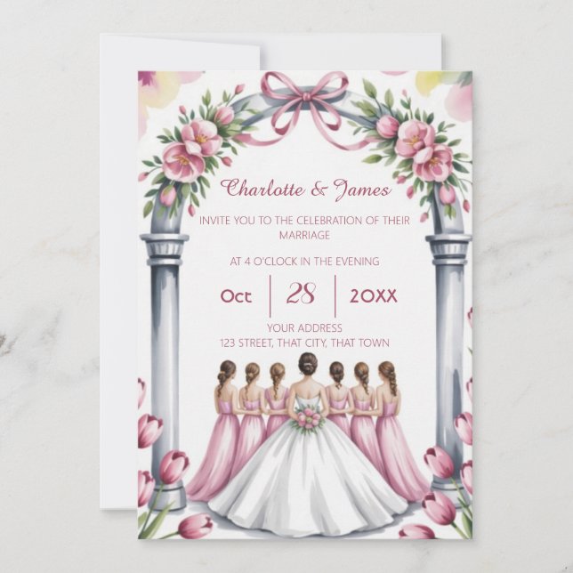 Elegant Modern Dammrosa Ros Blommig Bröllop Inbjudningar (Framsida)