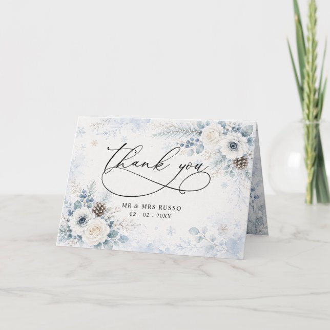 Elegant Modern Dammtor Blue Blommig Vinterbröllop  Tack Kort (Framsida)