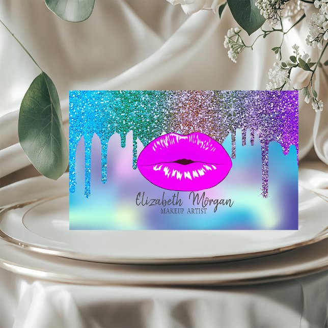 Elegant Modern Droppande Holografisk Låpp Makeup Visitkort (Skapare uppladdad)