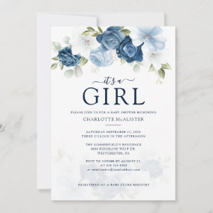Elegant Modern Dusty Blue Blommigt Girl Baby Showe Inbjudningar